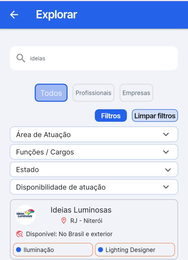 Captura real da busca Explorar do Kora com filtros de área de atuação, função, estado e disponibilidade
