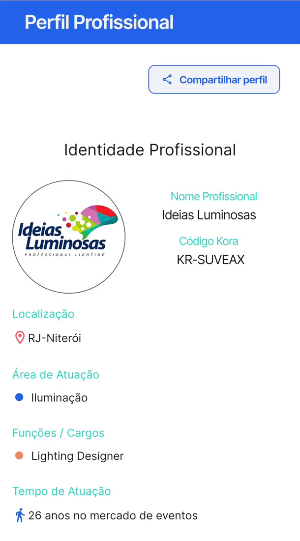 Captura da página de perfil profissional do Kora, com área de atuação, função e botão de compartilhamento