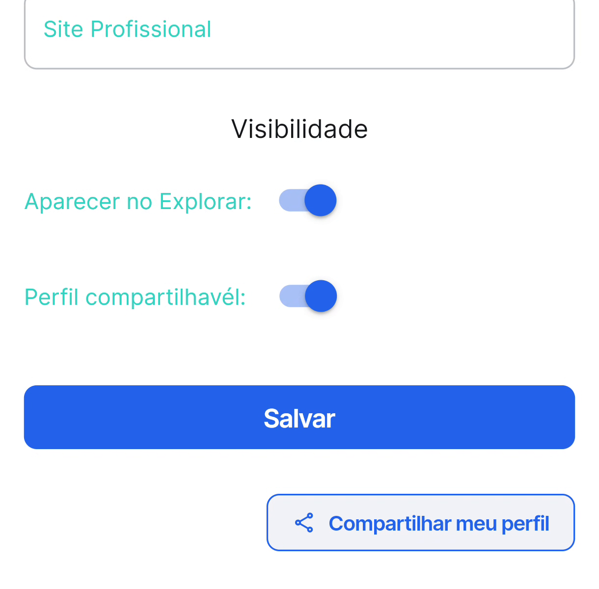 Captura real das opções para aparecer no Explorar e tornar o perfil compartilhável